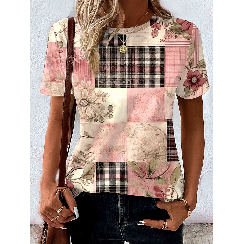 Women's T Shirt Floral Graphic Geometric Casual Short Sleeve Crew Neck Round Neck Regular Tops Daily Print Pink Summer