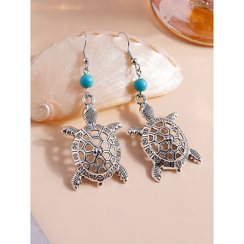 Women's Sea Turtle Drop Earrings – Boho Beach Style Dangle Earrings with Turquoise Bead Accent, Lightweight Ocean-Inspired Jewelry for Summer Vacations and Coastal Outfits