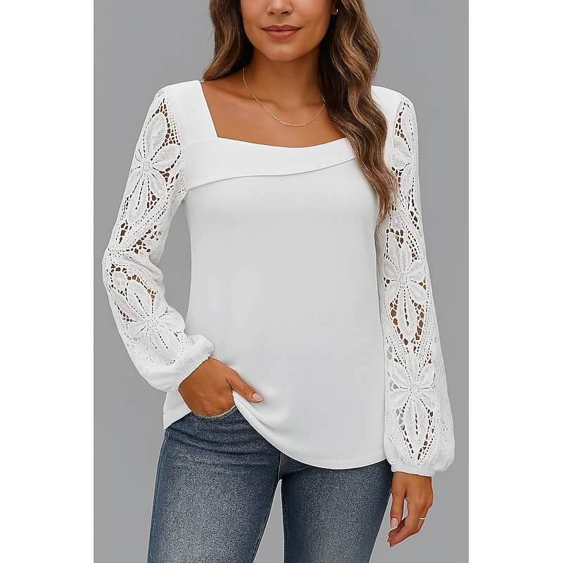 Women's Lace Tops Plain Stylish Modern Long Sleeve V Neck Regular Tops Daily Holiday Lace White Summer