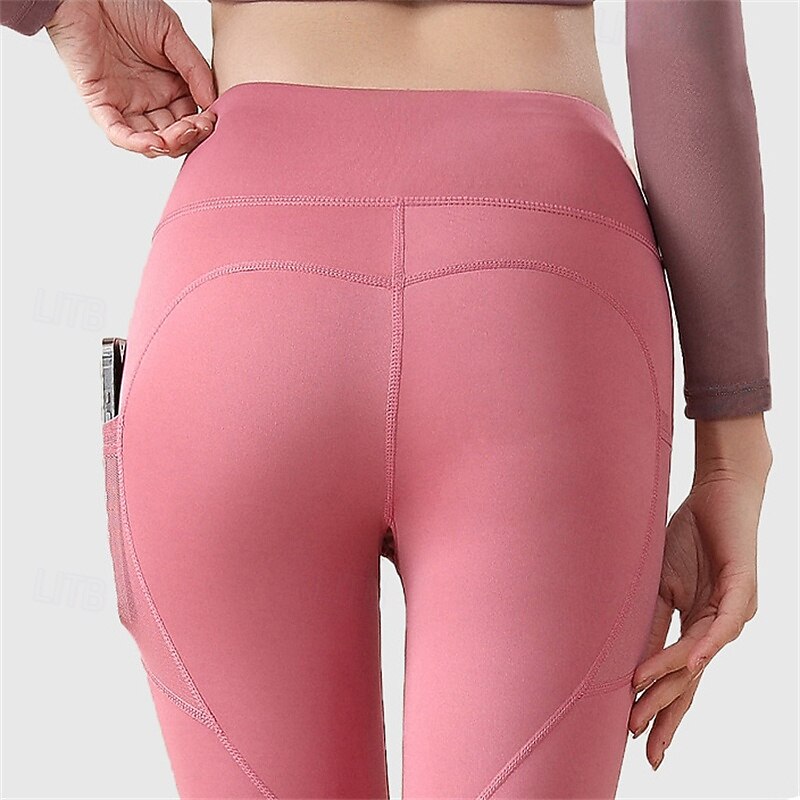 Women's Yoga Pants Yoga Leggings with Phone Pocket Butt Lift Tummy Control High Waist Pilates Gym Workout Workout Tights Solid Color Black Pink Red Spandex Fall Sports Activewear Stretchy Skinny4
