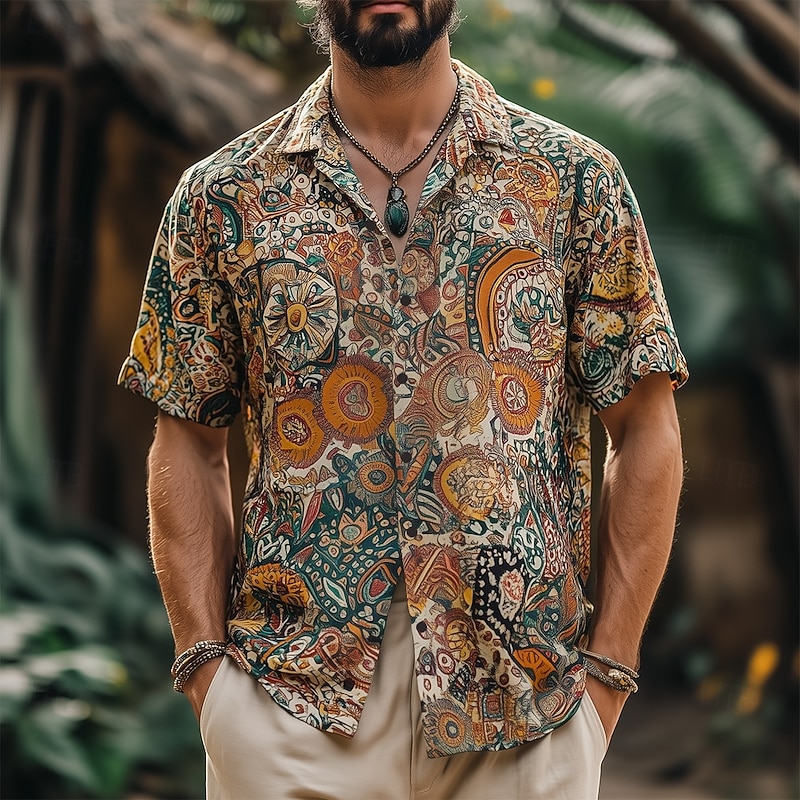 Men's Indian Boho Ethnic Shirt Summer Hawaiian Shirt Button Up Shirt Short Sleeve Hawaiian Vacation Holiday Beach Wear Summer Spring Turndown 3D Print Collared Shirts Yellow