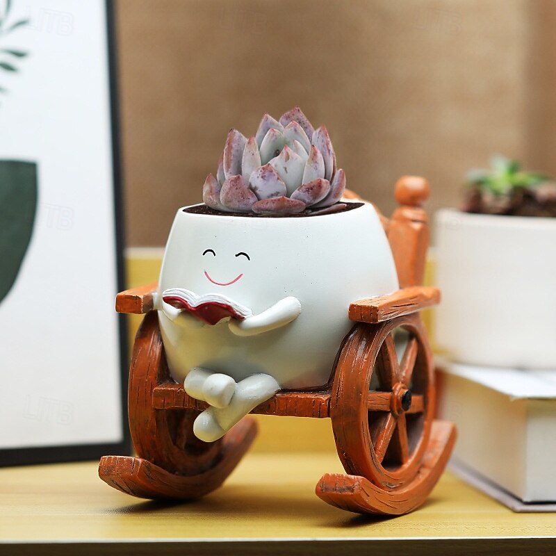Planter Pots Resin Figurine for Succulent, Home Office Decor, Rocking Chair Reading Mini Plant Pot, Cute Small Planter for Desk, Indoor Succulent Pot Decoration4