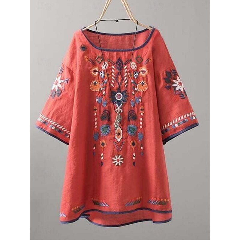 Women's Blouse Floral Bohemia Basic Casual Half Sleeve Crew Neck Regular Tops Daily Embroidered White Yellow Red Summer4