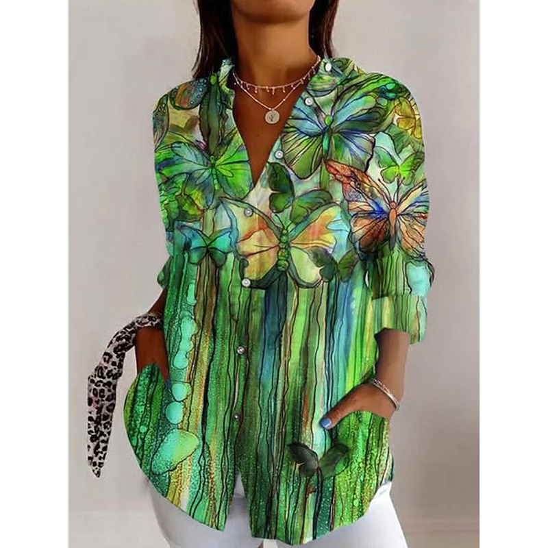 Women's Shirt Button Down Tunic Shirt Collar Long Sleeve Floral Graphic Daily Stylish Casual Regular Tops Work Daily s Print White Blue Green Spring