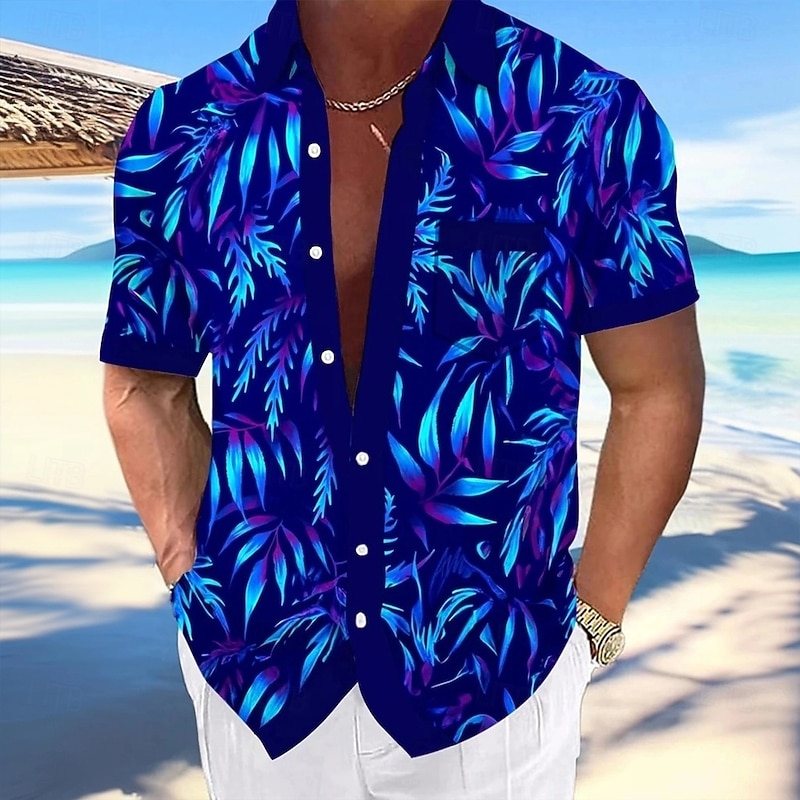Men's Palm Leaf Tropical Plants Shirt Summer Hawaiian Shirt Button Up Shirt Short Sleeve Hawaiian Vacation Beach Wear Summer Spring Turndown 3D Print Collared Shirts Front One Pocket Dark Blue Rose2