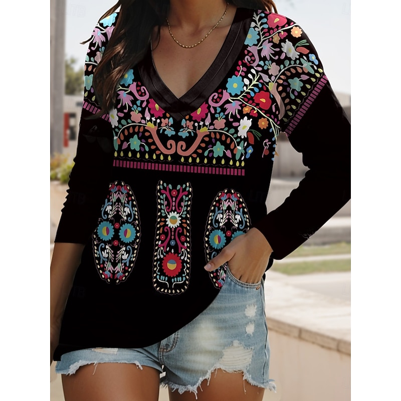 Women's T shirt Long Sleeve V Neck Long Sleeve Tunic Tribal Vintage Elegant Bohemia Vintage Regular Tops Daily Vacation Wear Print Black White Spring Fall Prefall