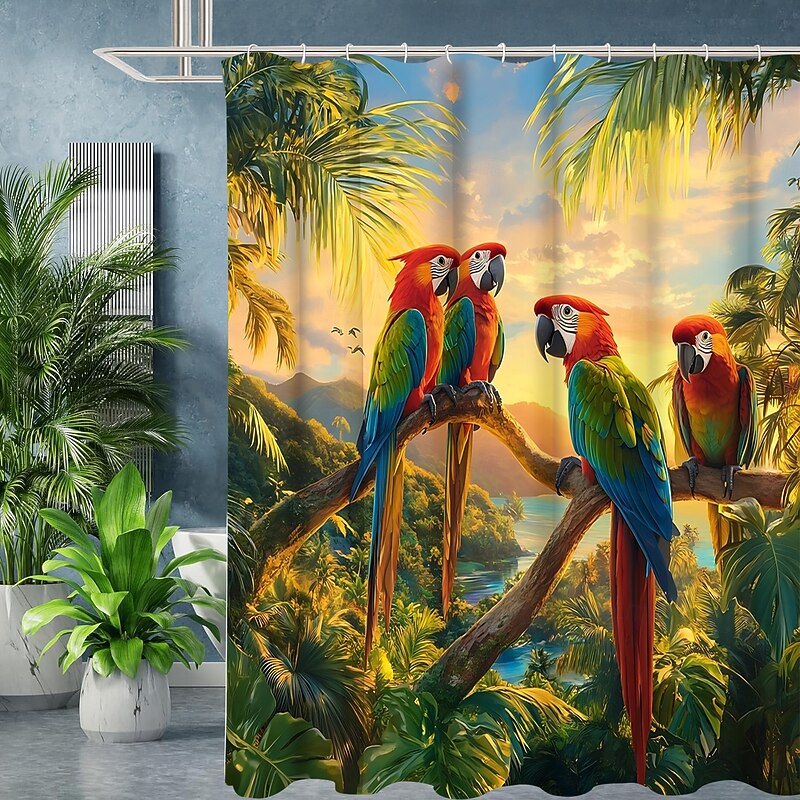 Shower Curtain with 12 Hooks 180cm*180cm(70"*70") Polyester Machine Washable Waterproof Tropical Leaf Animal Leaf Pattern3
