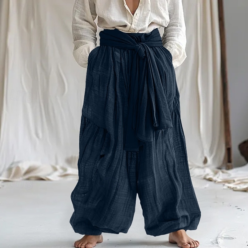 Men's Linen Pants Trousers Summer Pants Baggy Pants Drawstring Elastic Waist Wide Leg Plain Comfort Breathable Full Length Home Yoga Holiday Fashion Classic Style White Navy Blue Micro-elastic