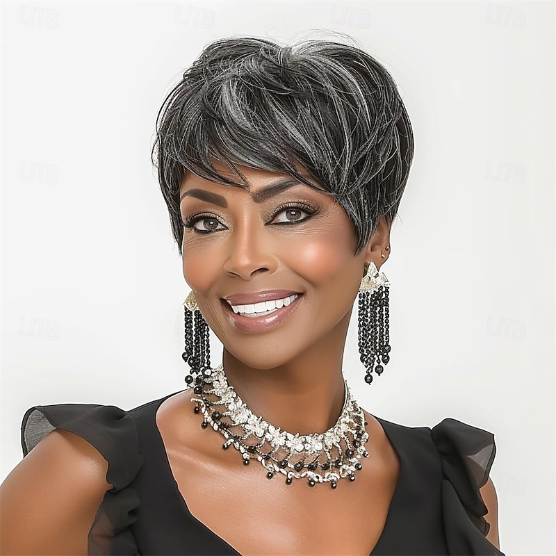 Short Pixie Cut Wigs for Black Women Short Ombre Grey Mixed Black Grey Pixie Salt and Pepper Wigs for Black Women