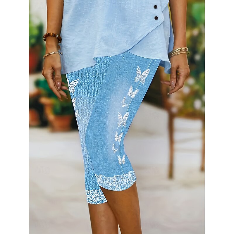 Women's Leggings Capri Pants 3D Print High Elasticity Vacation Vintage Fashion Calf-Length High Waist Butterfly Abstract Printing Breathable Soft Stretchy Formal Outdoor Vacation Robin's Egg Blue2