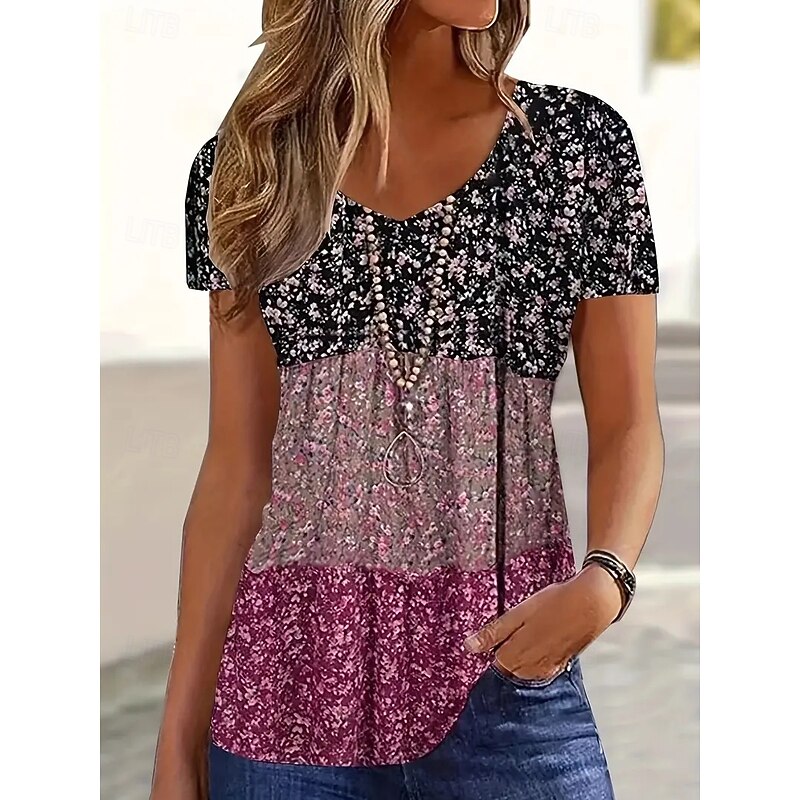 Women's T Shirt Casual Short Sleeve V Neck Regular Tops Daily Red Blue Green Khaki Gray Summer