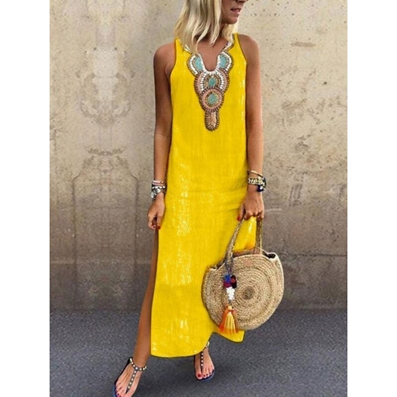 Women's Maxi Dress Summer Dress Casual Boho Daily Regular Fit Graphic Sleeveless Notched Neck White Yellow Wine Gray Summer