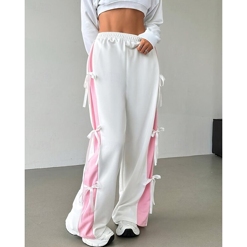 Women's Sweatpants Pants Trousers Track Pants Fashion Streetwear Full Length Mid Waist Color Block Patchwork Elastic Waist Breathable Comfortable Micro-elastic Street Daily Wear White Pink Coffee
