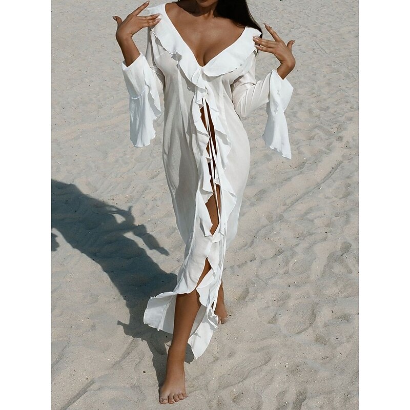 Women's Swimsuits Cover Up Swim Dress Swimsuit Ruffle Vacation Beach Wear Solid Color V Neck Long Sleeve Bathing Suits