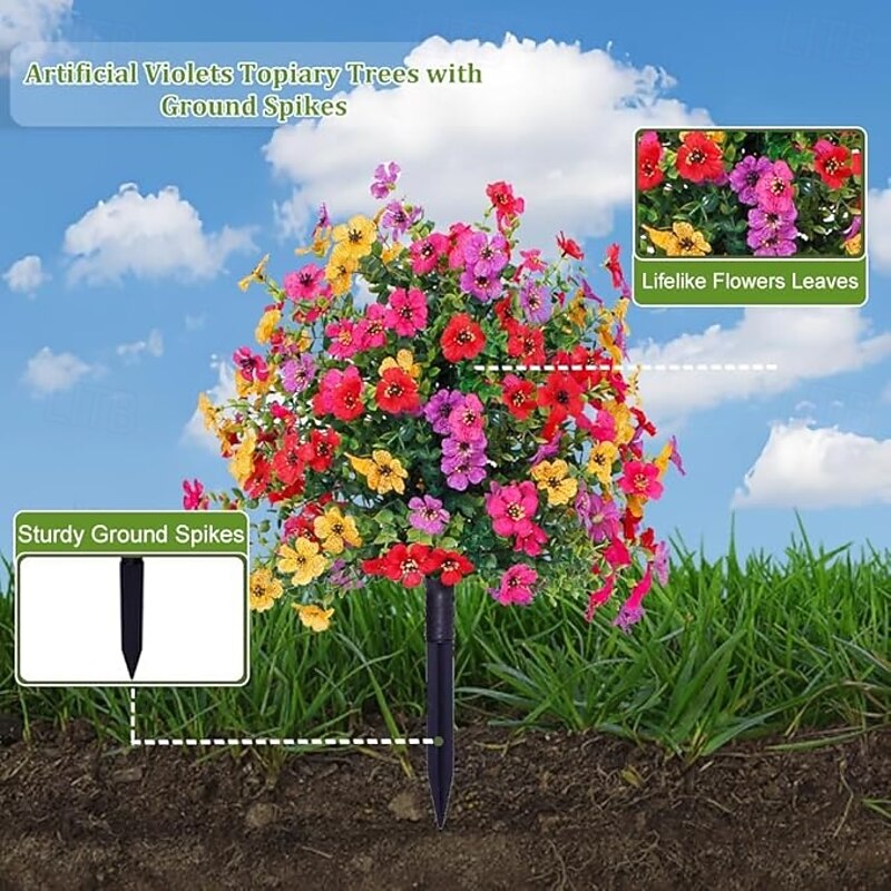 Outdoor Artificial Flower Bush Decoration with Ground Spikes, Faux Eucalyptus and Violet Garden Stakes for Yard, Patio, Home Decor, Spring Summer Greenery