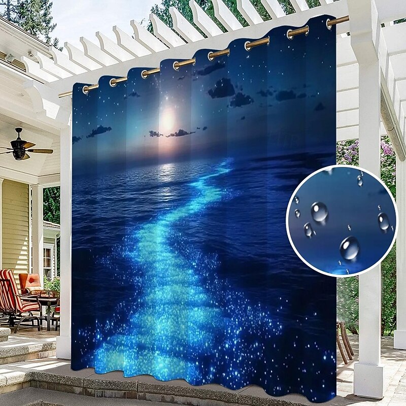 Waterproof Outdoor Curtain Privacy, Sliding Patio Curtain Drapes, Pergola Curtains Grommet 3D Ocean Twinkling Landscape For Gazebo, Balcony, Porch, Party, 1 Panel