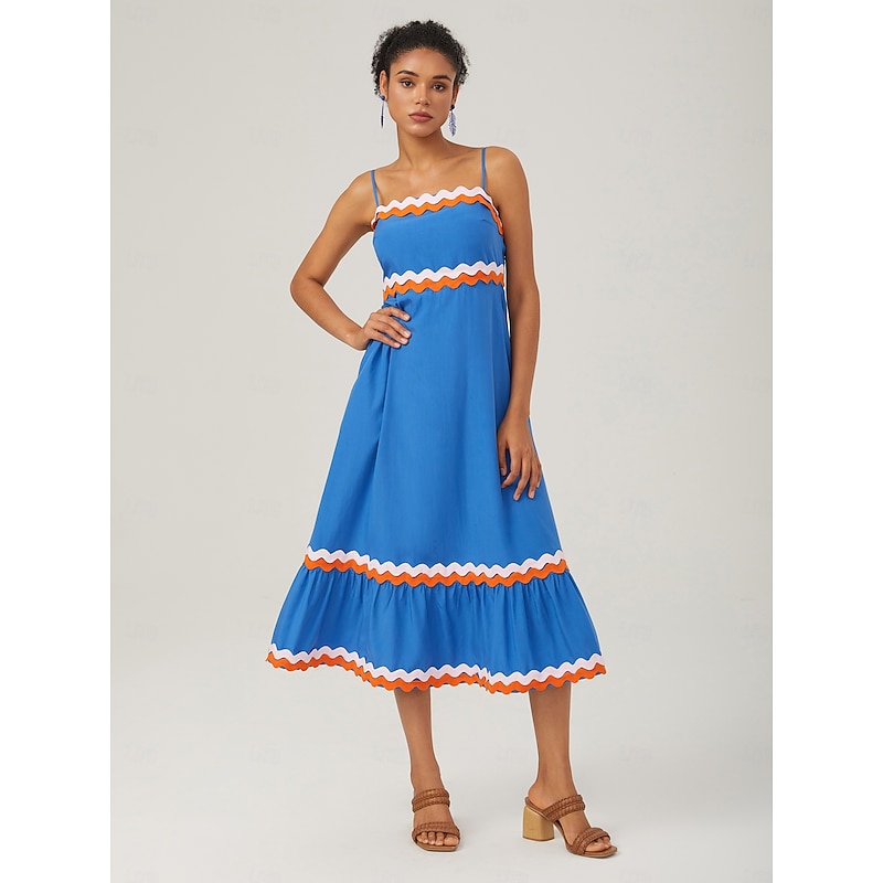 Tencel Fabric Color-Block Wave Hem Cami Dress