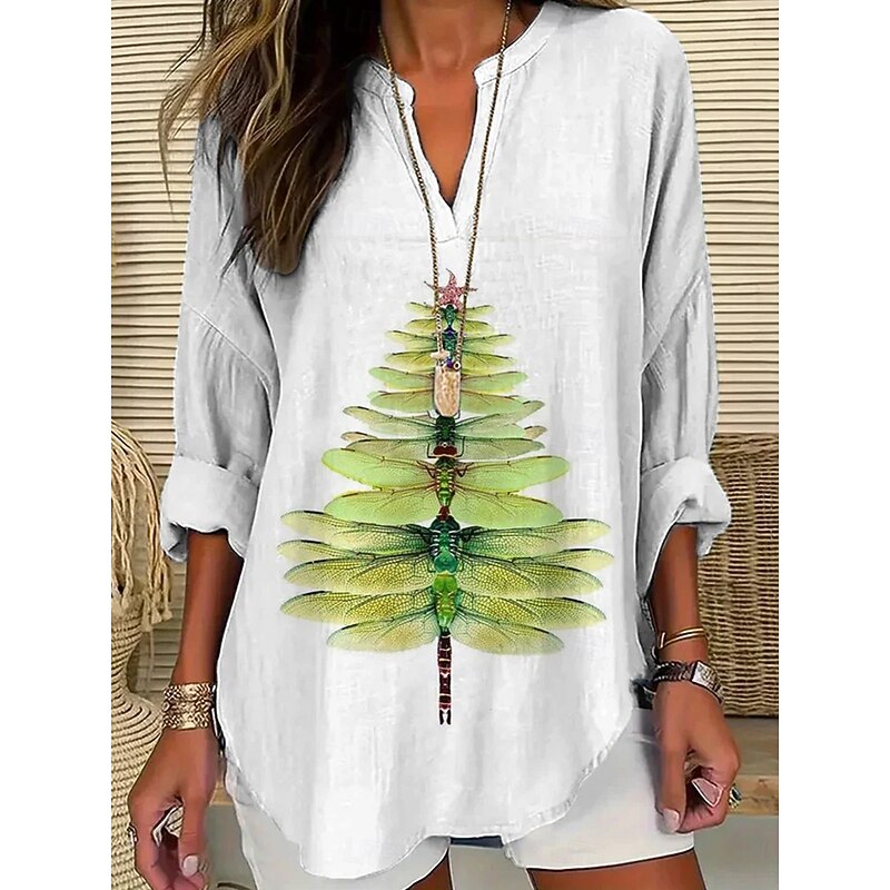 Women's Blouse Tunic V Neck Long Sleeve Boho Casual Tops Graphic Animal Vintage Tropical Regular Tops Daily Wear Print White Green2