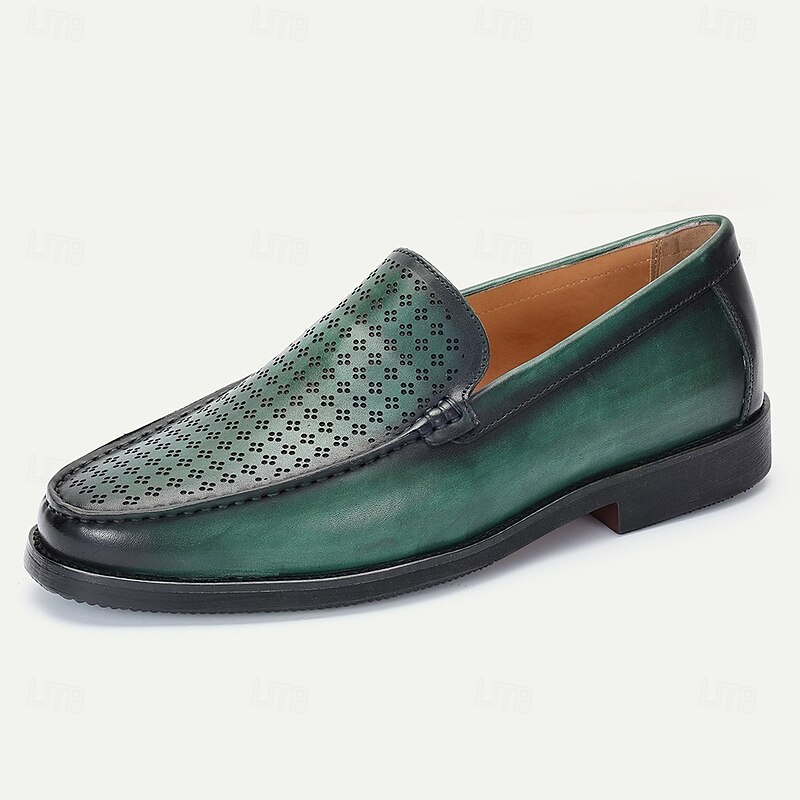 Men's Green Leather Loafers with Perforated Design – Kentucky Derby Shoes for Stylish Casual and Semi-Formal Events2