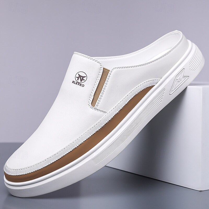 Men's White Mule Shoes – Stylish Slip-On Design with Brown Accents, Lightweight and Comfortable for Everyday Wear, Casual Outings and Travel