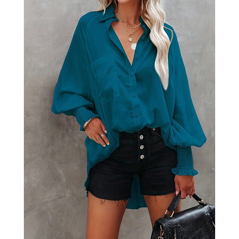 Women's Shirt Blouse Plain Striped Casual Long Sleeve Shirt Collar Regular Tops Holiday Going out Buttons White Blue Sky Blue Orange Beige Summer3