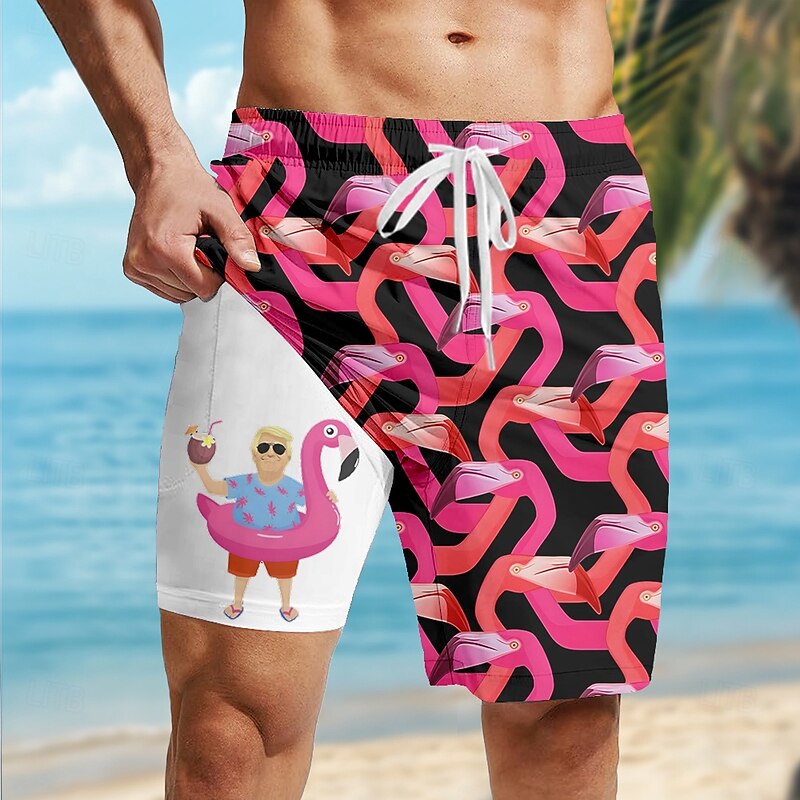 Men's Flamingo Funny Lined Shorts 2 in 1 Board Shorts Swim Shorts Mid Waist Hawaiian Vacation Holiday Beach Wear Side Pockets With Compression Liner Elastic Drawstring Waist Designer Clothing Apparel