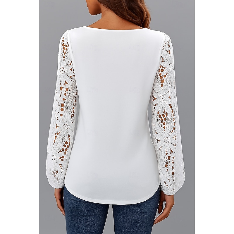 Women's Lace Tops Plain Stylish Modern Long Sleeve V Neck Regular Tops Daily Holiday Lace White Summer3