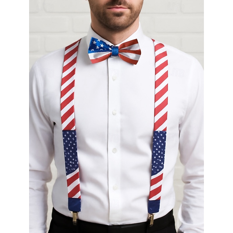 Men's American Flag Suspenders and Bow Tie Set – Patriotic Adjustable Y-Back Braces with Clips, Stars and Stripes Design, Independence Day 4th of July Outfit Accessory