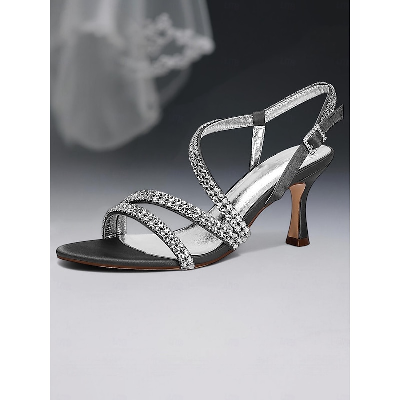 Women's Silver Strappy Slingback Sandals with Rhinestone Detailing – Sparkly Open Toe Kitten Heels for Cocktail Evenings and Wedding Receptions4