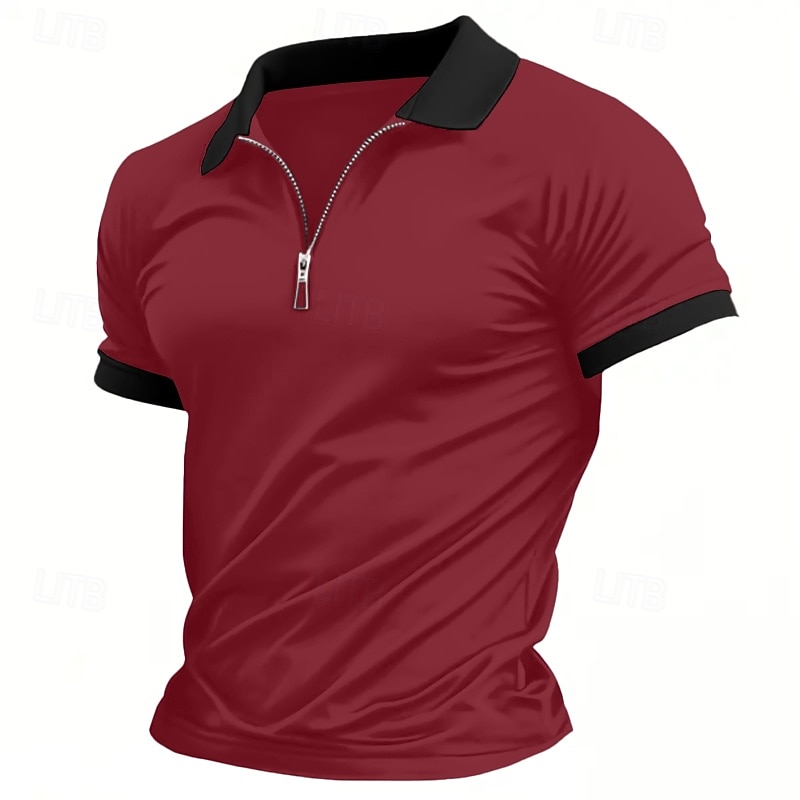 Men's Zip Polo Golf Shirt Casual Holiday Lapel Quarter Zip Short Sleeve Fashion Basic Plain Quarter Zip Summer All Seasons Regular Fit Black White Burgundy Drak Red Zip Polo4