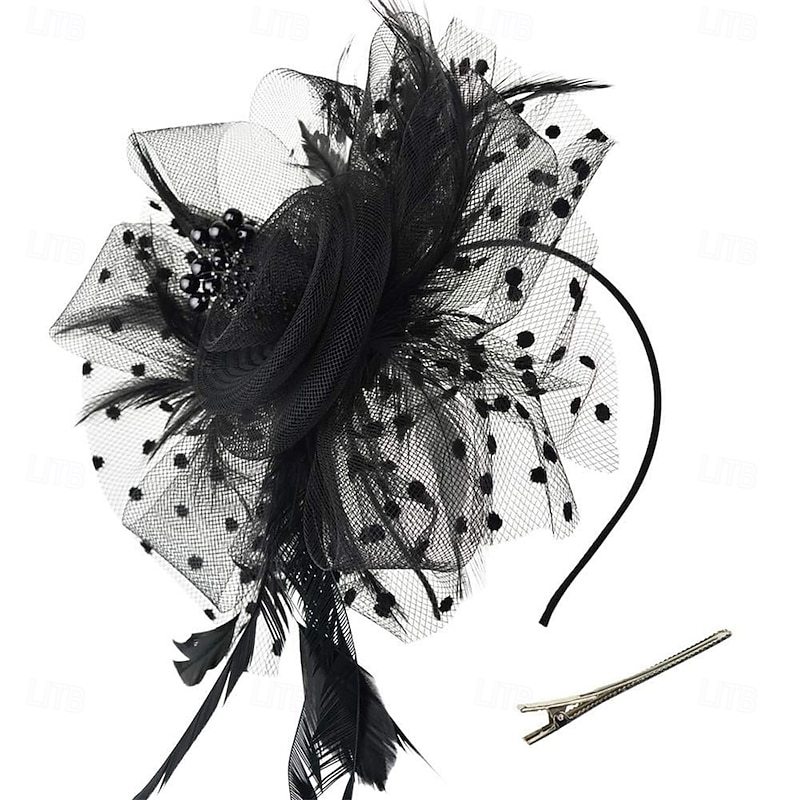 Women Fascinators Hat Tea Party Headwear Kentucky-Derby Headwear with Clip Mesh Veil Headdress for Wedding