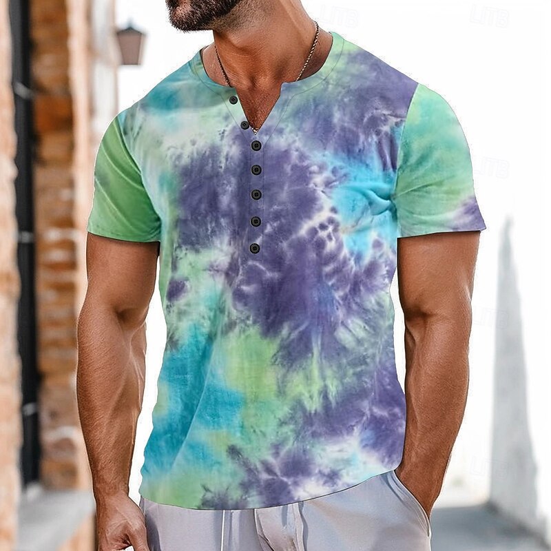 Men's Tie Dye Print T Shirt Henley Shirt Short Sleeve Sports Fashion Designer Outdoor Street Casual Summer Deep Purple Forest Green Blue Light Green Henley Henley T-Shirt