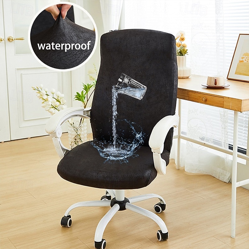 PU Leather Waterproof Elastic Chair Covers Anti-dirty Rotating Stretch Office Computer Desk Seat Chair Cover Removable Slipcovers Office Zipper Chair Cover