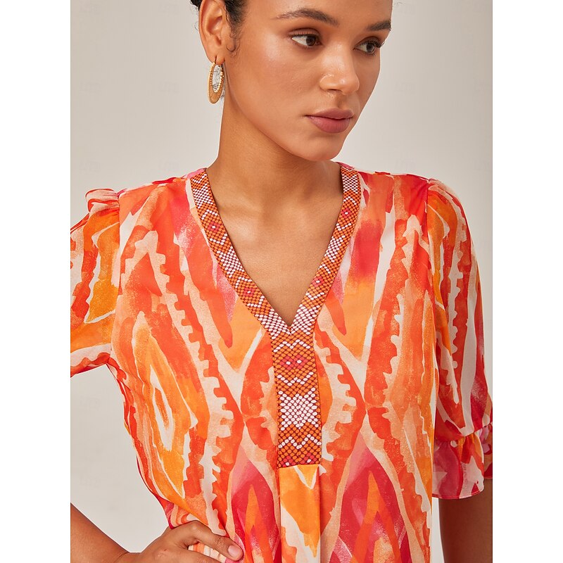 Chiffon Ethnic Print V Neck Midi Dress4