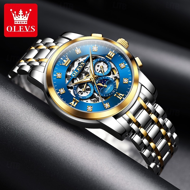 OLEVS Men's Mechanical Watch, Luxury Large Dial, Hollow Skeleton, Automatic Self-Winding, Moon Phase Luminous Steel Wristwatch3