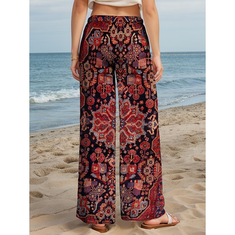 Women's Wide Leg Chinos Baggy Pants Vacation Vintage Fashion Full Length High Waist Graphic Geometric Printing Thermal Warm Soft Breathable Micro-elastic Formal Vacation Street claret Sapphire Violet2