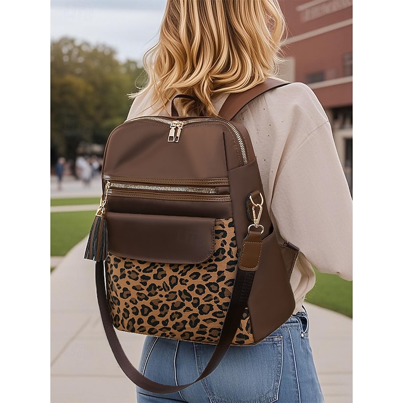 Women's leopard print fabric patchwork backpack, can be carried on one shoulder, with multiple zippers, perfect for school, travel and casual outings2