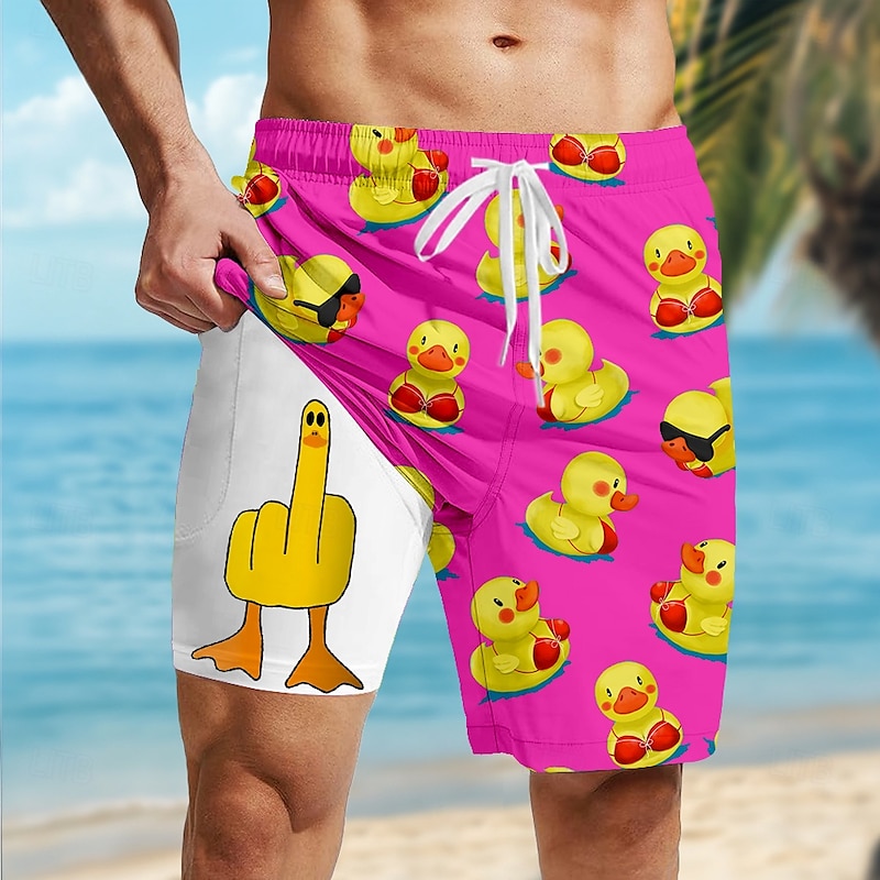 Men's Little Yellow Duck Funny Lined Shorts 2 in 1 Board Shorts Swim Shorts Mid Waist Hawaiian Vacation Beach Wear Side Pockets With Compression Liner Elastic Drawstring Waist Designer Clothing2