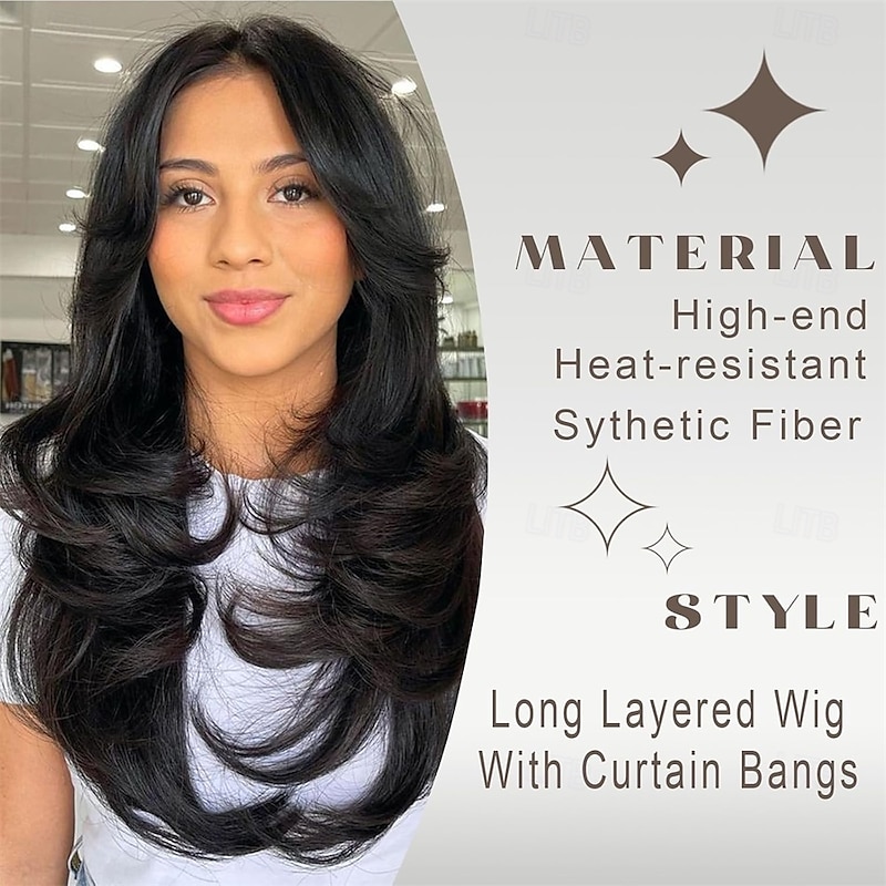 Highlight Ombre Brown Layered Wavy Wig With Curtain Bangs for Women Synthetic Dark Brown Highlight Wig Long Curly Natural Body Wave for Daily Party Use 24inch2