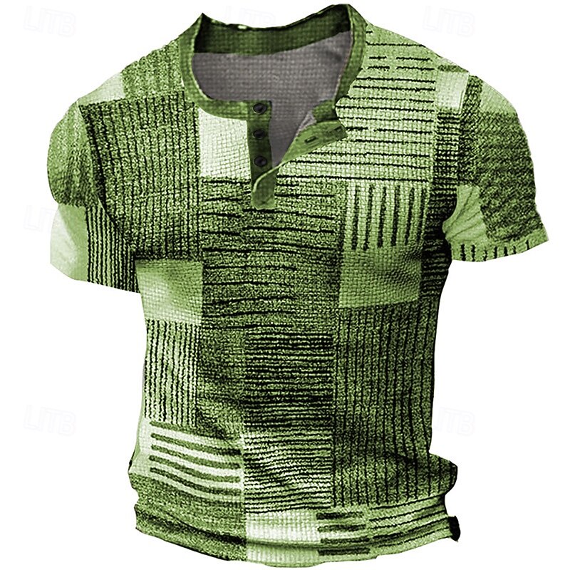 Men's Graphic Plaid Waffle Henley Shirt Tee Short Sleeve 3D Print Fashion Designer Basic Outdoor Casual Daily Summer Blue Green Khaki Dark Gray Henley Henley T-Shirt4
