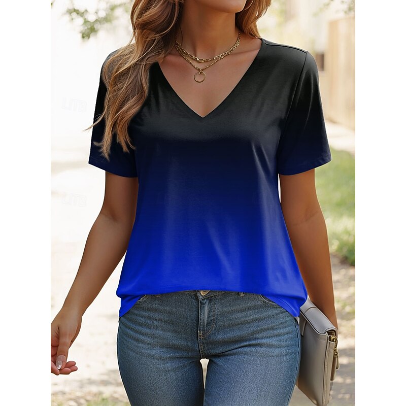 Women's T Shirt Ombre Graphic Stylish Casual Short Sleeve V Neck Regular Tops Daily Print Red Blue Purple Green Summer3