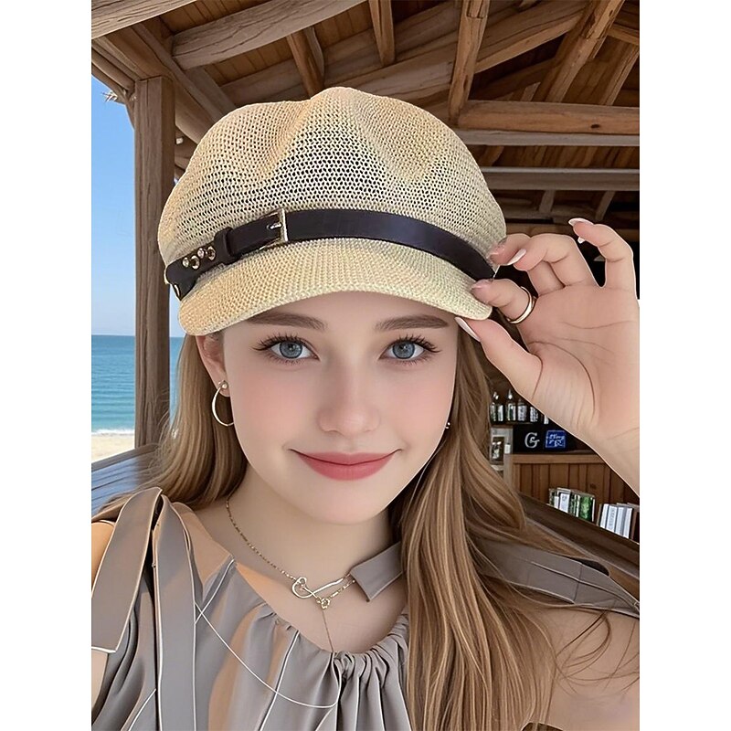 Women's Breathable Straw Newsboy Cap – Lightweight Summer Beach Hat with Faux Leather Buckle for Casual Travel & Sun Protection4