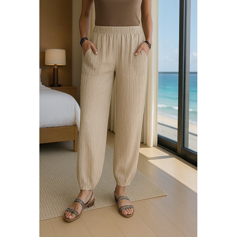 Women's Cotton Linen Pants Comfort Full Length High Waist Plain Pocket Elastic Waistband Comfy Outdoor Comfortable Street Daily Wear Going out Black White Navy Blue sky blue Summer Regular Fit
