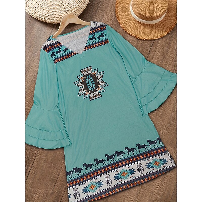 Women's Mini Dress Sundress A Line Dress Vacation Casual Boho Going out Beach Regular Fit Graphic Tribal 3/4 Length Sleeve V Neck Green Summer Spring2