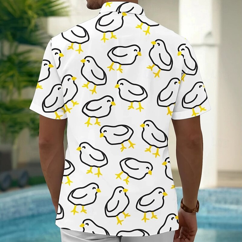 Men's Animal Chick Funny Shirt Summer Hawaiian Shirt Button Up Shirt Short Sleeve Hawaiian Vacation Holiday Beach Wear Summer Spring Turndown 3D Print Collared Shirts Front One Pocket White2