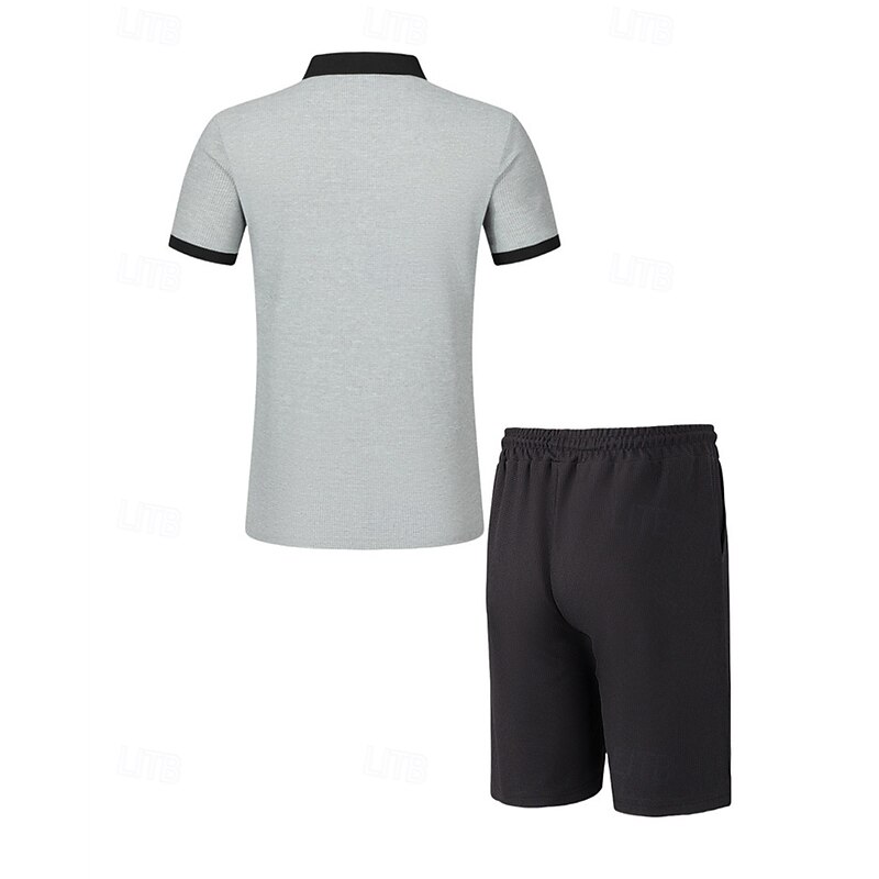 Men's T-shirt Suits 2 Pieces Outfits Tee & Shorts Short Sleeve Lapel Summer Color Block Fashion Casual Patchwork Pocket 2 Piece Vacation Daily Wear Going out Wine Dark Green khaki Top Tee for Men3