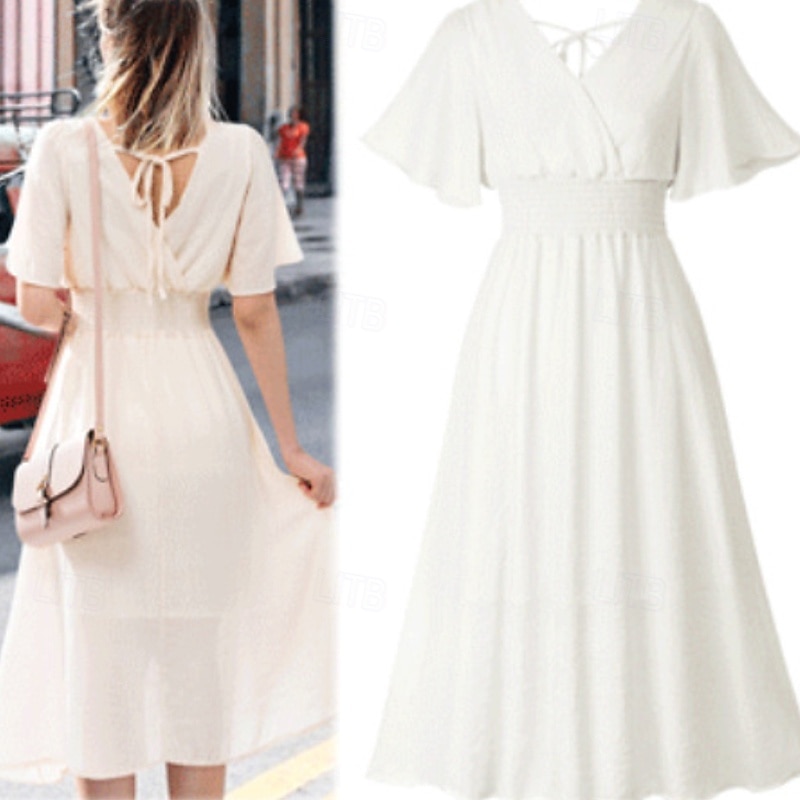 Women's Midi Dress Cocktail Dress Wedding Guest Dress Chiffon Dress Fashion Modern Vacation Tea Party Weekend Regular Fit Plain Short Sleeve V Neck Black White Pink Apricot Summer