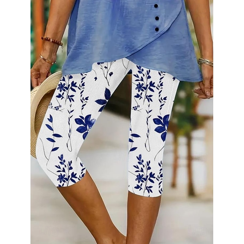 Women's Leggings Capri Pants High Elasticity Vacation Vintage Fashion Calf-Length High Waist Floral Graphic Printing Breathable Soft Stretchy Formal Vacation Street Violet Robin's Egg4