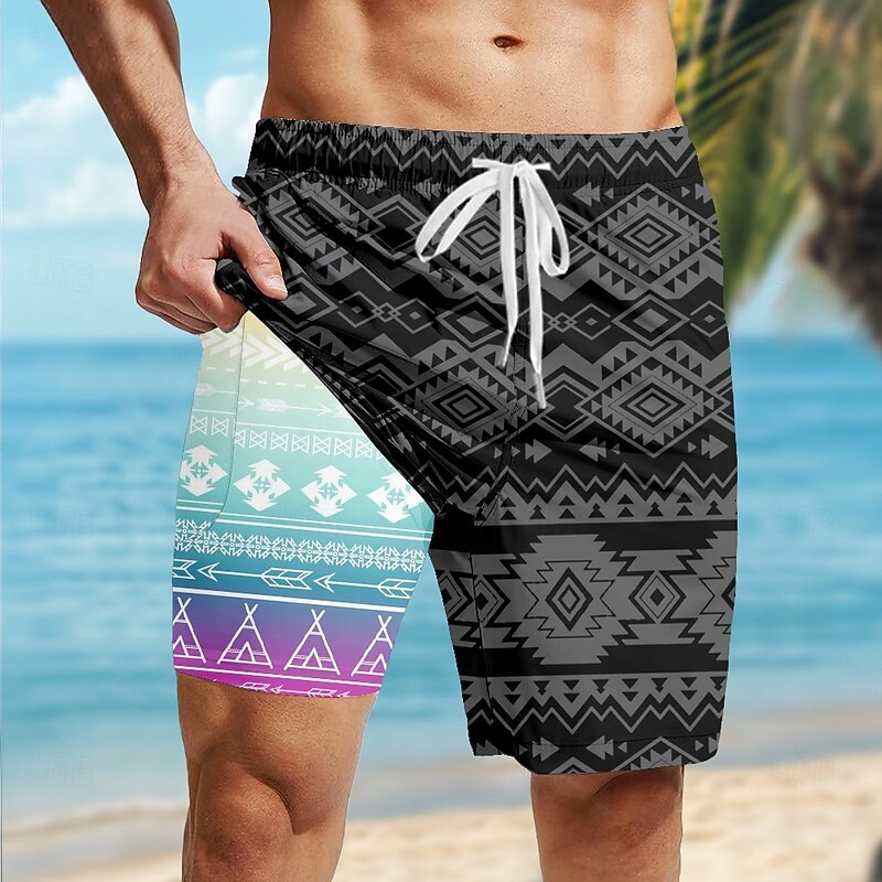 Men's Aztec Ethnic Lined Shorts 2 in 1 Board Shorts Swim Shorts Mid Waist Hawaiian Retro Vintage Holiday Beach Wear Side Pockets With Compression Liner Elastic Drawstring Waist Designer Clothing3