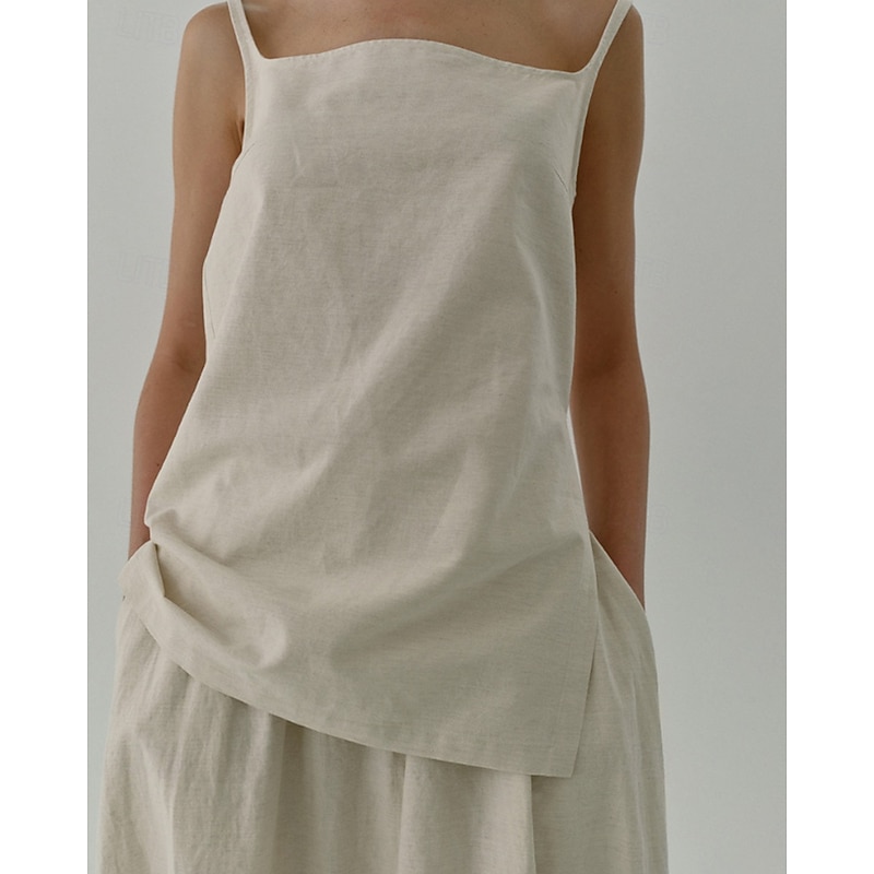 Women's Linen Shirt Blouse Plain Modern Casual Sleeveless Strap Regular Tops Daily Holiday Going out Asymmetric Apricot Summer